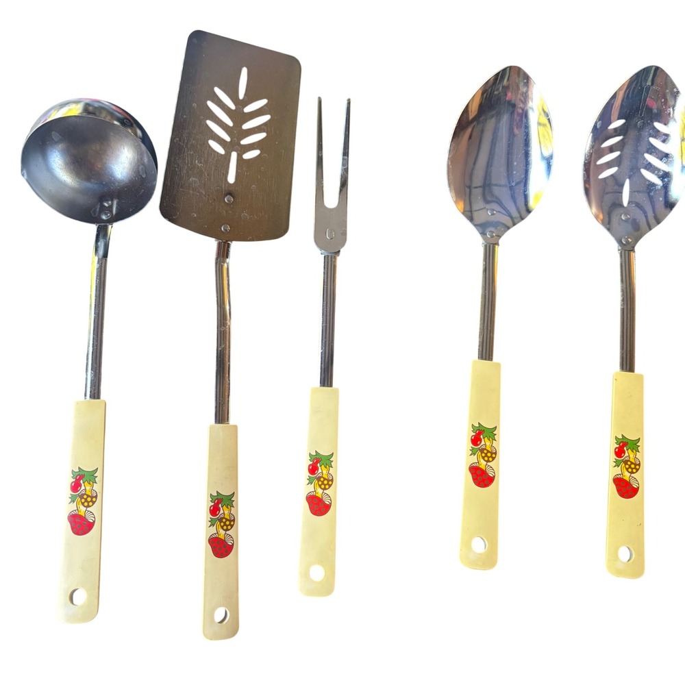 Vintage 70s Merry Mushroom  5 Piece Kitchen Utensil Set Stainless Steel RARE Set